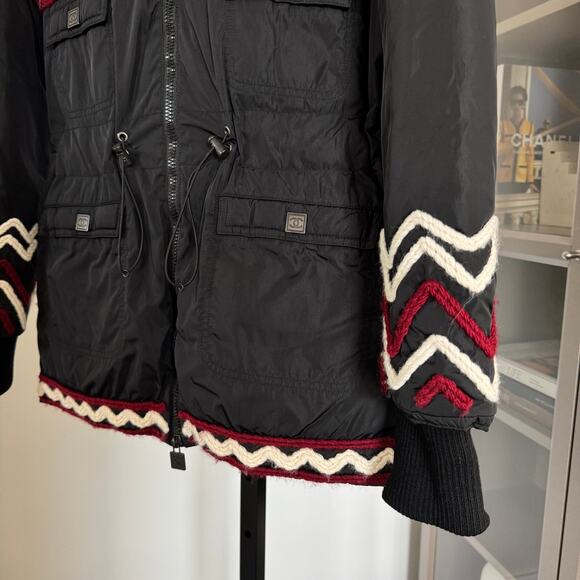 CHANEL Sport Down Filled Black Stitched Yarn Hooded Snow Jacket 36 Logo Zip Coat - Picture 3 of 7